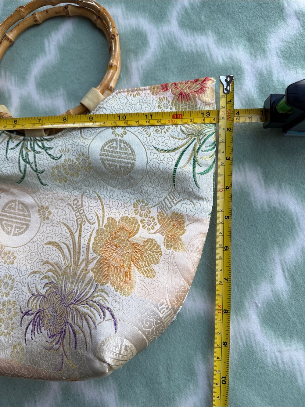 Satin Floral Bamboo-Handle Tote Bag in Ivory and Pastel Asian Auspicious Symbols - Picture 8 of 9
